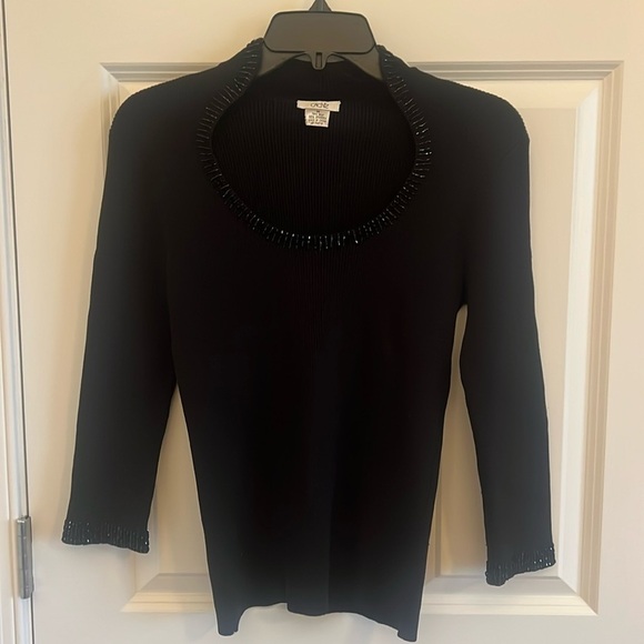 Cache Black Quarter Sleeve Silk Sweater Size Medium with Embellishment - Picture 1 of 10